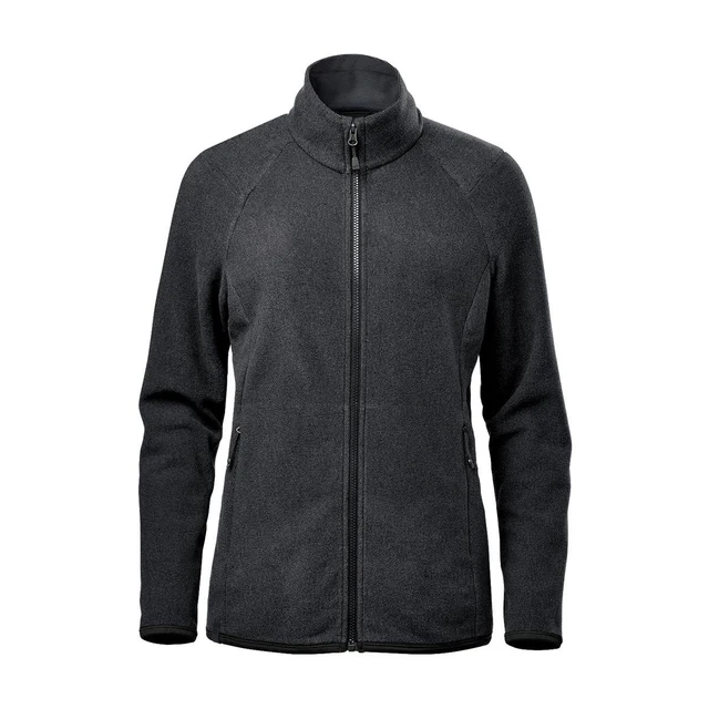 A women's full zip jacket in dark grey with a high collar and two side pockets. It features a logo.