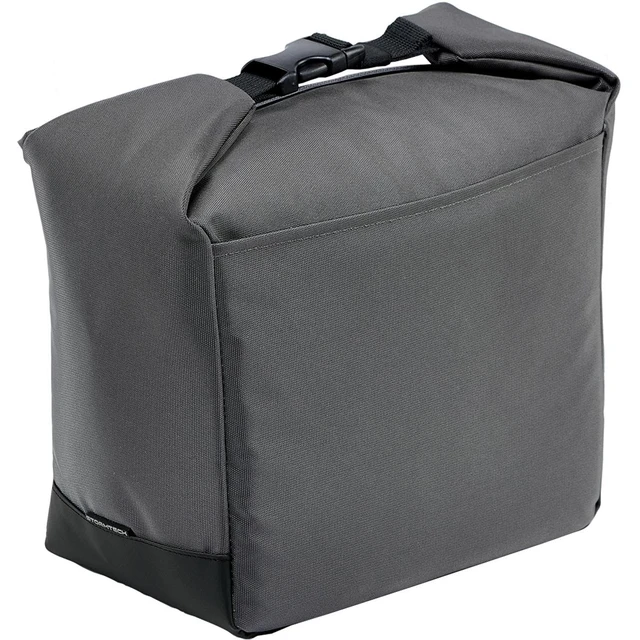 A grey cooler bag featuring a sturdy handle and a secure closure, ideal for keeping items cool.