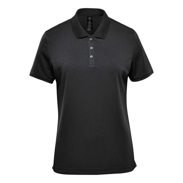 A black women's sports polo shirt with a collar and buttons, featuring a logo on the front.