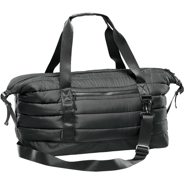 A black quilted duffle bag with padded sections, featuring handles and a detachable strap, includes a logo.