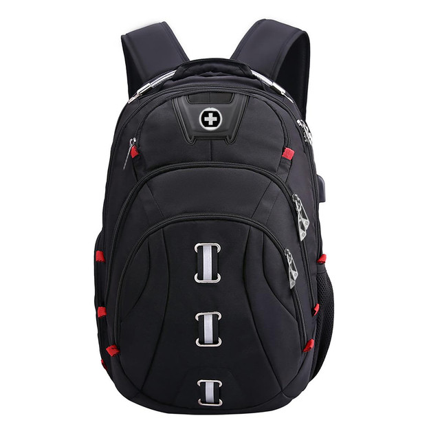 A black backpack featuring multiple zippers, silver accents, and a logo on the front. It has adjustable shoulder straps.