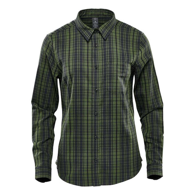A green and navy checked long sleeve button-up shirt for women, featuring a collar and a single chest pocket.