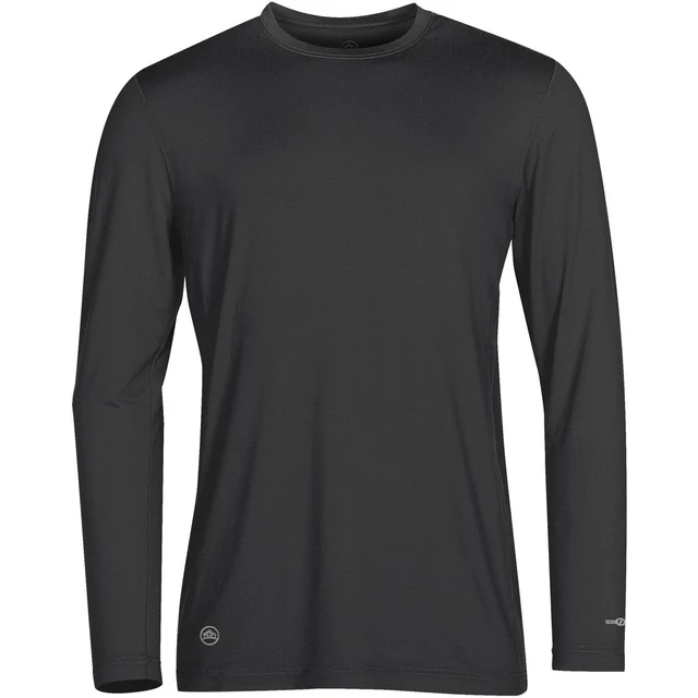 A long-sleeve men's T-shirt in black with a logo on the hem. Made from moisture-wicking fabric.