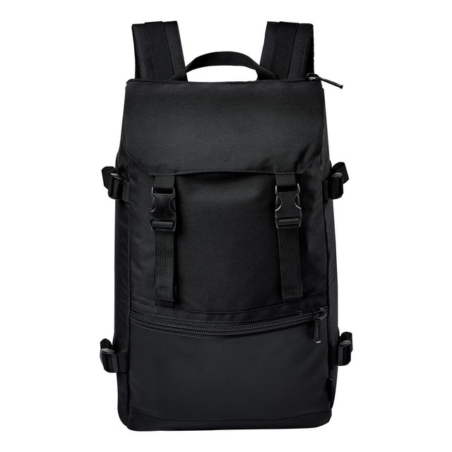A black backpack featuring adjustable straps, front pocket, and a zippered compartment at the base. It has a logo.