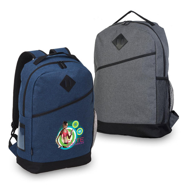 A blue and grey backpack with a logo, featuring mesh side pockets and adjustable straps.