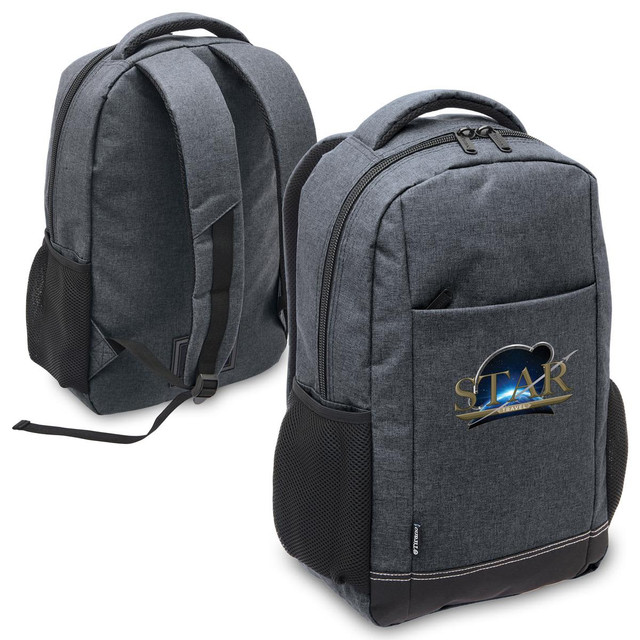 A grey laptop backpack featuring a branded logo, with side mesh pockets and adjustable shoulder straps.