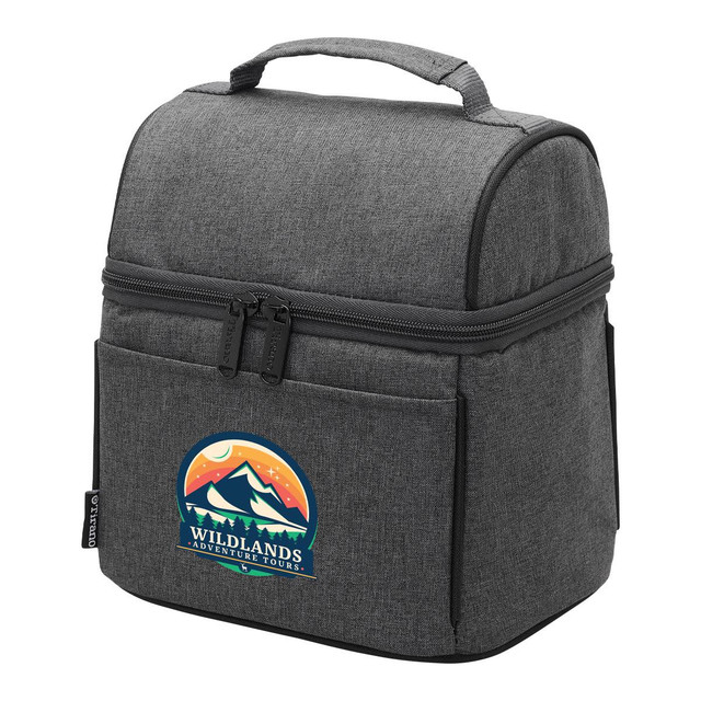 A grey lunch cooler bag featuring a front pocket and a branded logo. It has a top handle for easy carrying.