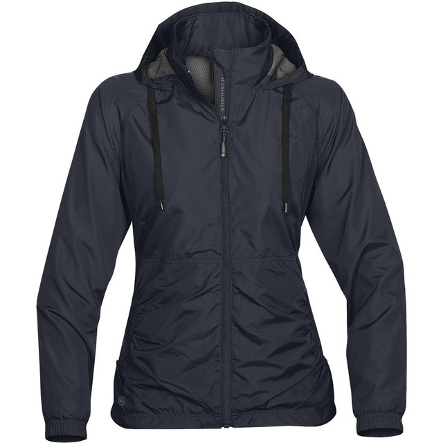 A dark navy women's rain jacket featuring a hood, zip closure, and elastic cuffs, with a branded logo.