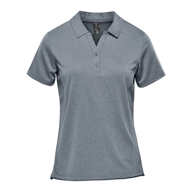 A short sleeve polo shirt in a grey hue featuring a classic collar and a logo.