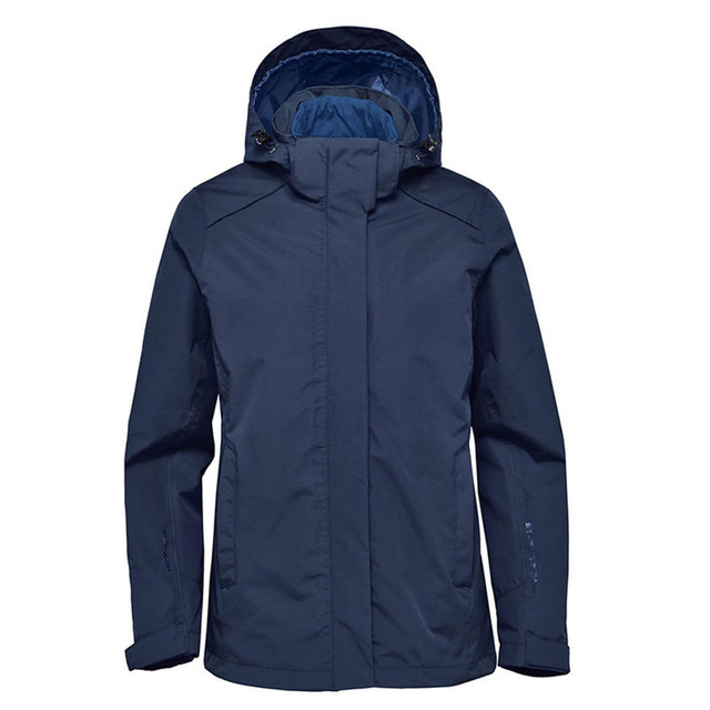 A navy blue women's jacket featuring a hood and an inner lining, with a logo on the exterior.