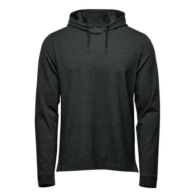A dark grey pullover hoody with a hood and drawstrings, featuring long sleeves and a simple design.