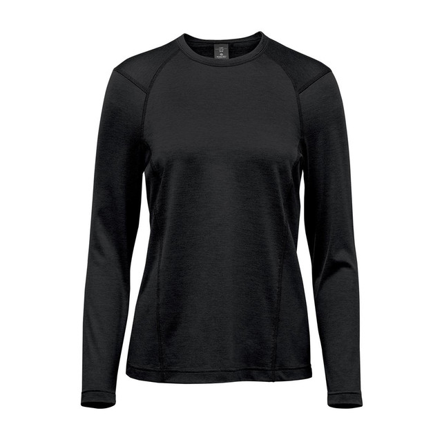 A women's long sleeve crew neck shirt in black with a simple design and a subtle logo.