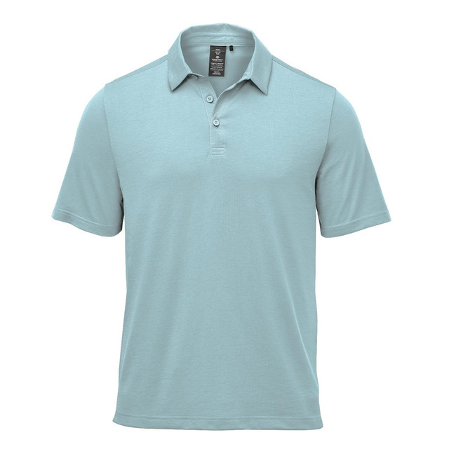 A light blue polo shirt with a collar and three buttons, featuring a small logo on the chest.