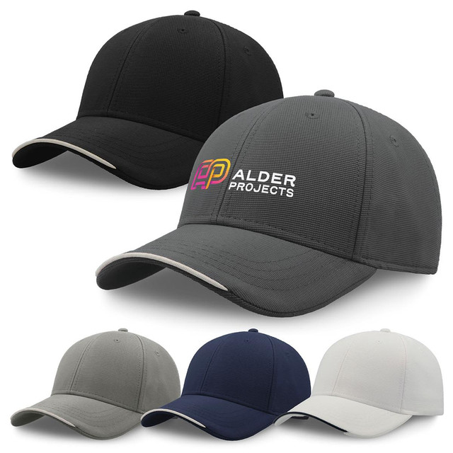 A collection of caps in black, grey, navy, and light grey, featuring a logo on the front of the grey cap.