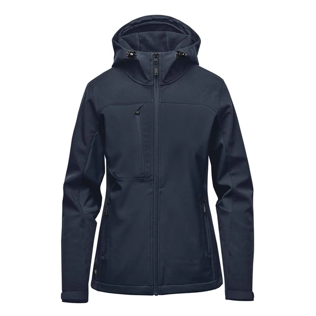 A women's navy softshell jacket with a hood, featuring zippered pockets and a logo.