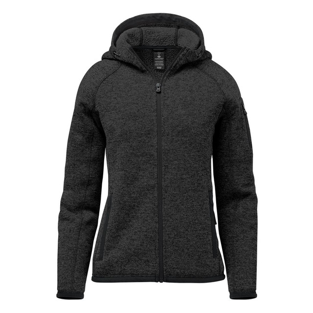 A women's full zip fleece hoody in dark grey, featuring a hood and a zippered front. It has a logo on it.