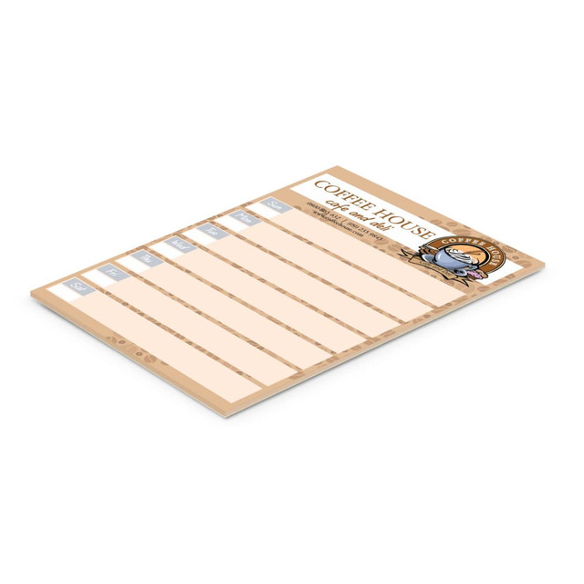 A5 note pad featuring 25 leaves with a coffee house design, including sections for daily tasks or notes.