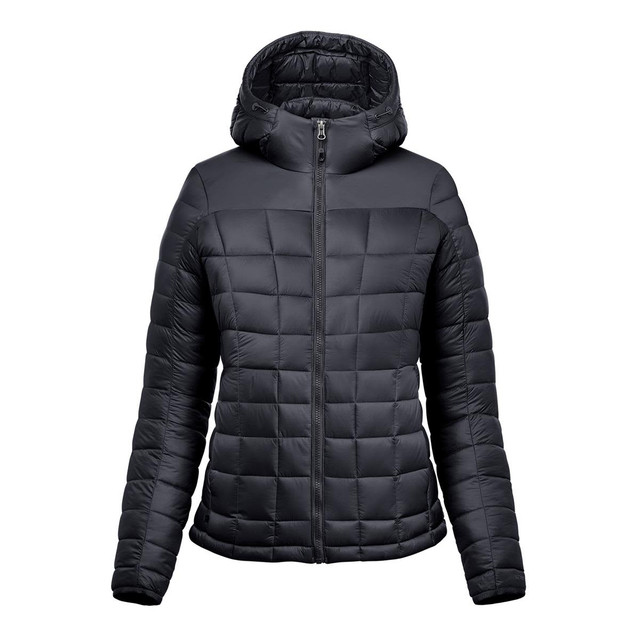 A women's puffer jacket in black, featuring a quilted design and a hood, with a front zipper and long sleeves.