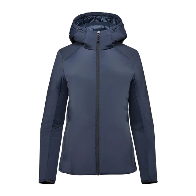 A women's puffer jacket in navy blue with a hood and front zip closure. It features a sleek design and has a logo.