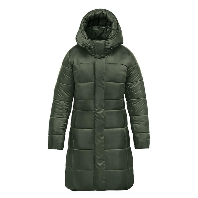 A women's puffer jacket in olive green with a hood, featuring a quilted design and a knee-length cut. 