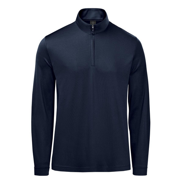 A navy blue men's pullover featuring a 1/4 zip collar and long sleeves, with a logo on the chest.
