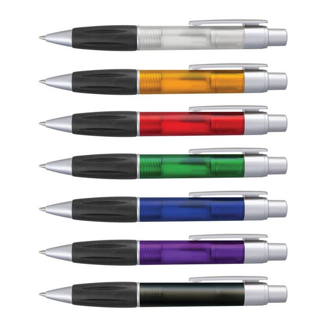 A set of plastic pens in various colours including clear, orange, red, green, blue, and purple, each with a silver trim and logo.