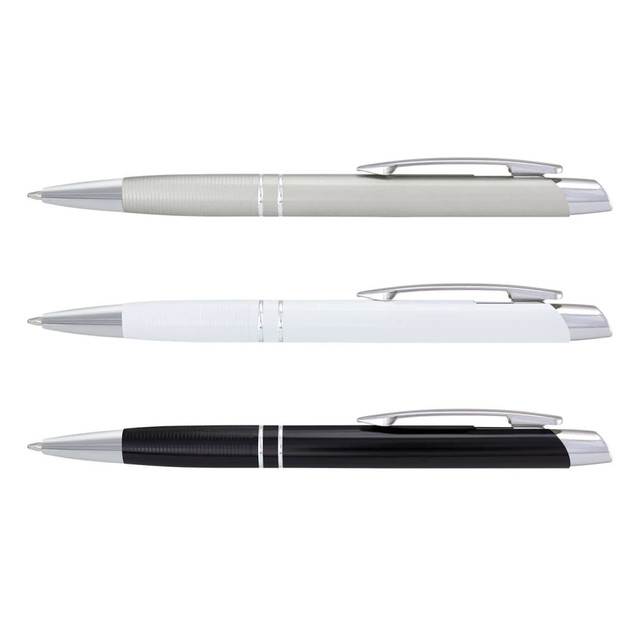 Three metallic pens in grey, white, and black, each with silver accents and a logo on the barrel.