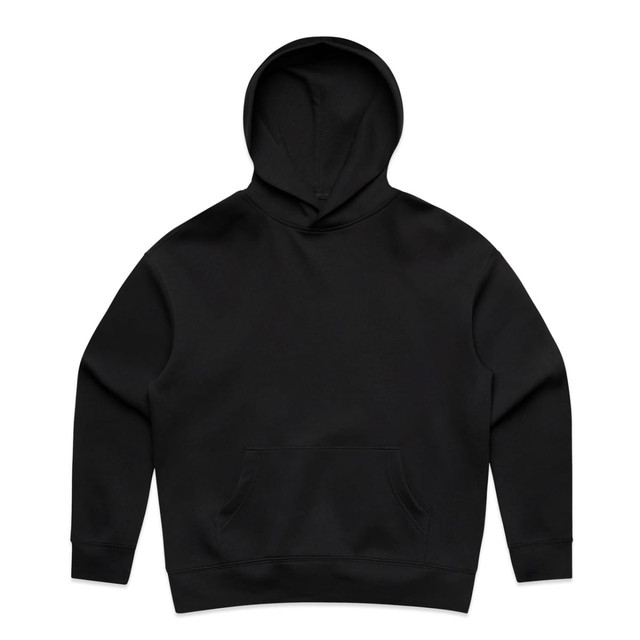 A black hoodie featuring a front pouch pocket and a drawstring hood. It includes a logo or branding.