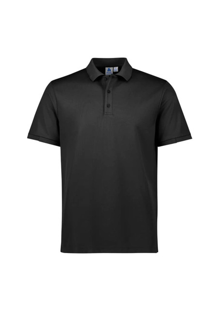 A black short sleeve polo shirt featuring a collar and buttons, with a logo on the chest.