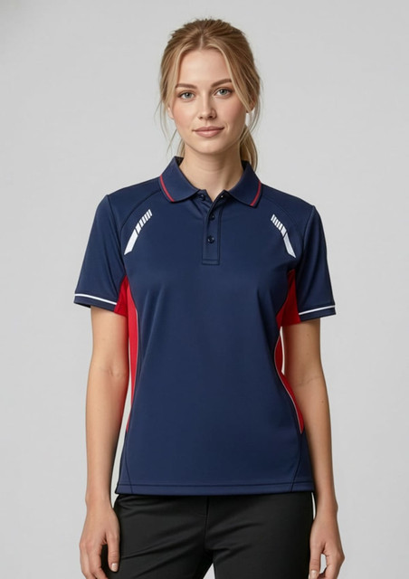 A navy blue short sleeve polo shirt with red and white accents, featuring a collar and a branding logo.