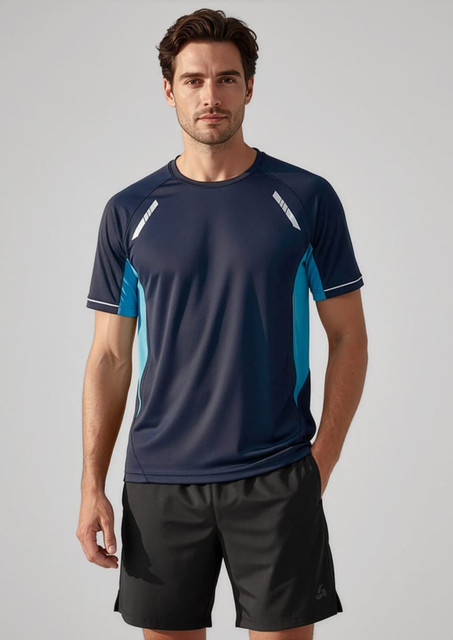A navy and teal men's short sleeve tee with contrasting panels and a logo. Ideal for casual or active wear.