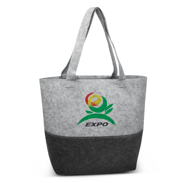 A grey and dark grey tote bag with handles and a logo on the front.