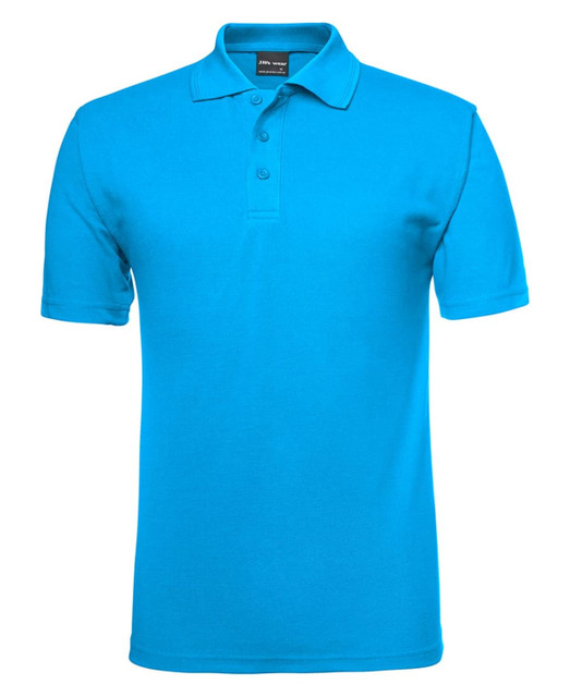 A bright blue polo shirt featuring a collar and three buttons, with a logo on the chest.