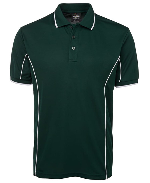 A dark green polo shirt with short sleeves and white piping accents, featuring a collar and three buttons.