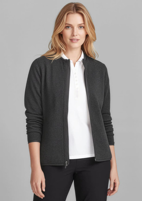A women's zip-front jumper in dark grey, featuring a fitted design and a high collar. It has a logo on the side.