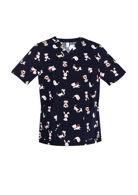 A navy scrub top featuring a fun print of various animals and characters, with a logo present on the garment.