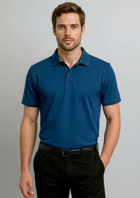 A short-sleeve polo shirt in navy blue, featuring a collar and a logo, worn by a man against a grey background.