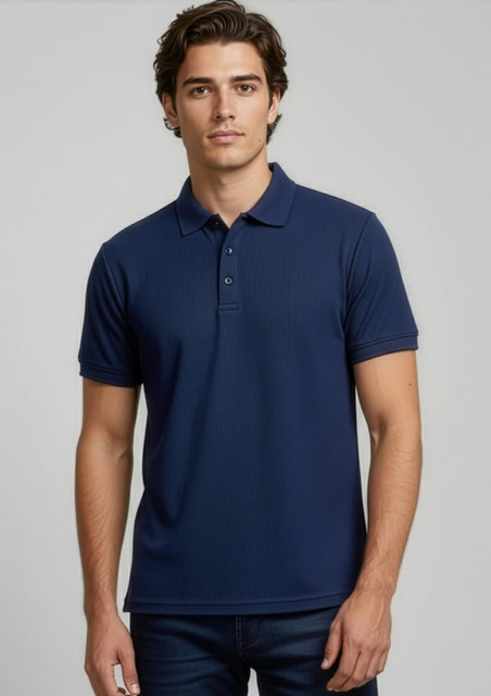 A navy blue men's short sleeve polo shirt features a classic collar and a logo.