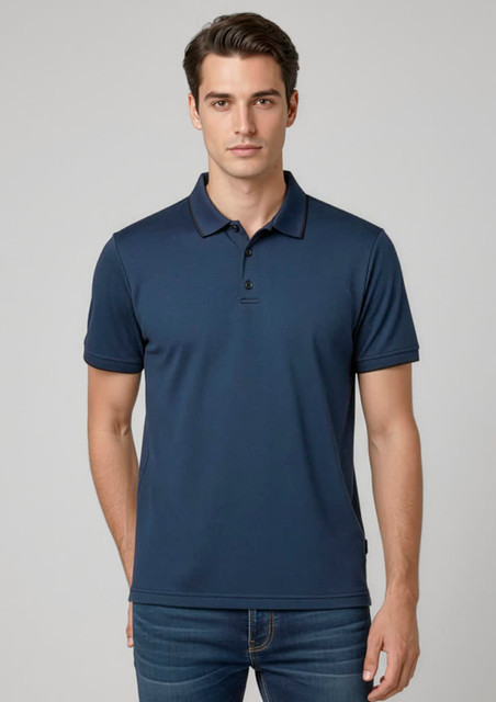A navy blue men's short sleeve polo shirt with a classic collar, featuring a logo on the chest.