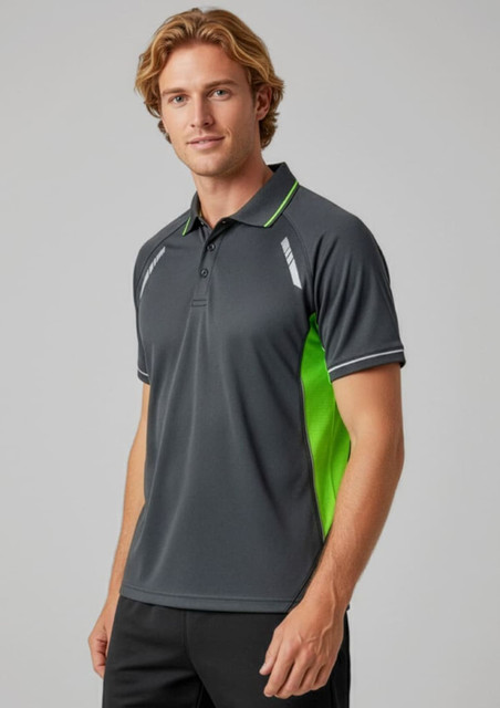 A grey short sleeve polo shirt with green accents and a subtle logo. Suitable for casual wear.