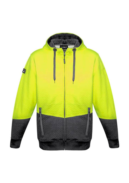 A bright yellow and grey unisex hi-vis textured jacquard full zip hoodie with a logo on the sleeve.