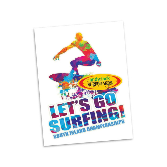 A colourful temporary tattoo featuring a vibrant surfer design, with a logo and promotional text about a surfing event.