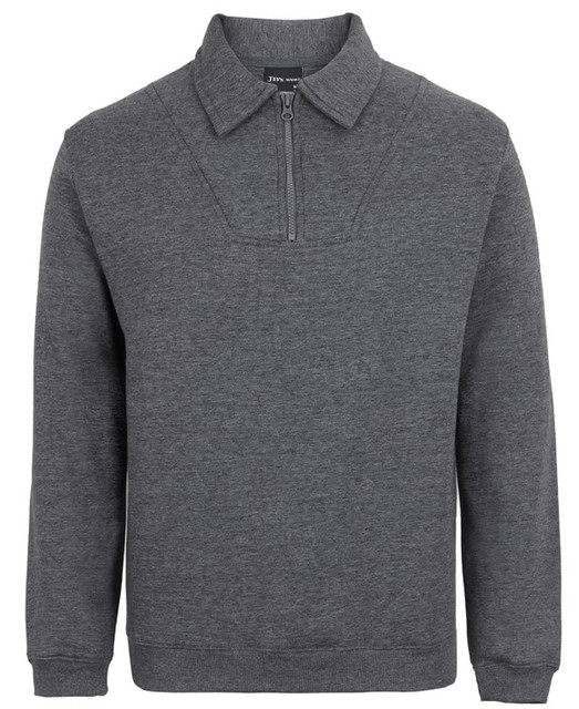 A dark grey 1/2 zip fleecy jumper featuring a collar and long sleeves, with a subtle logo.