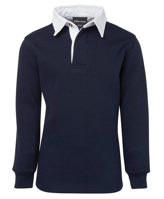 A navy polo shirt with a white collar and long sleeves, featuring a logo on the chest.
