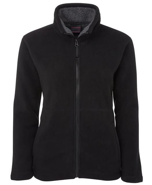 A black fleece jacket featuring a zip front, high collar, and a soft interior lining. It has a logo on it.