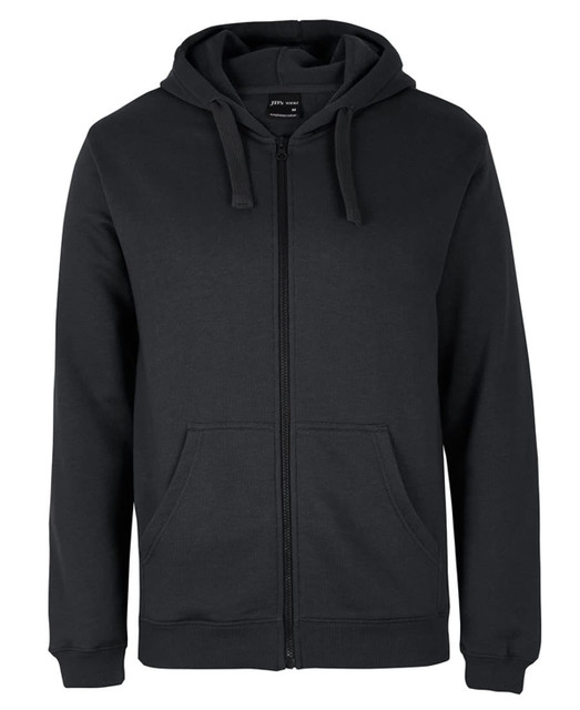 A dark green zip-up hoodie featuring a hood and front pockets, with a logo on the label.