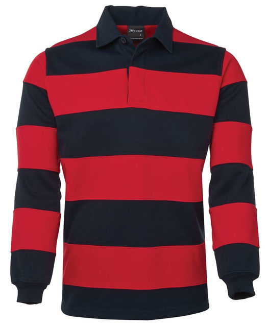 A rugby shirt featuring red and navy striped patterns with a collar. It has long sleeves and a logo.