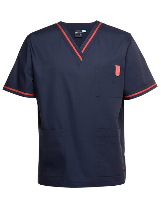 A navy unisex scrubs top featuring contrasting red trim, with a chest pocket and two side pockets.