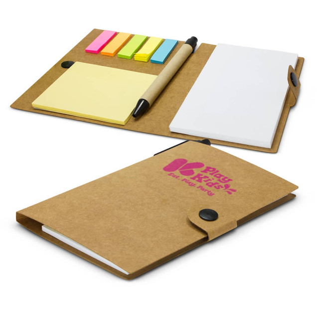 A brown notebook wallet with a pen, sticky notes in yellow and neon pink, and blank notepad sections.