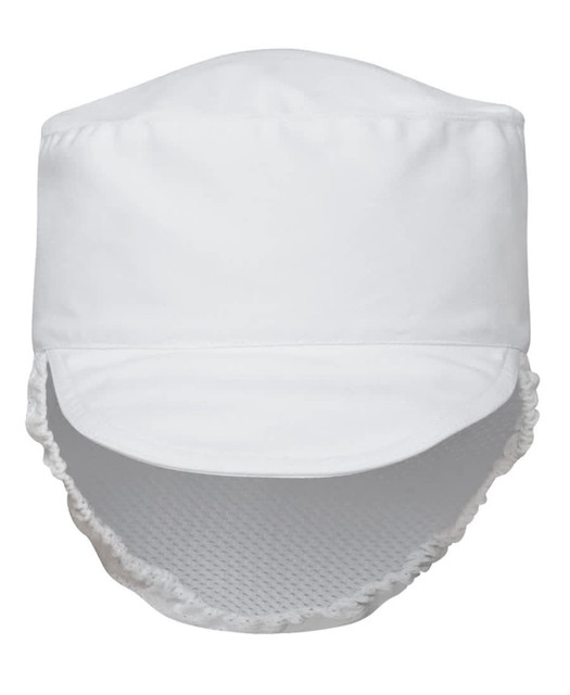 A white chef's hat with a mesh back for ventilation and a curved brim, featuring a logo.